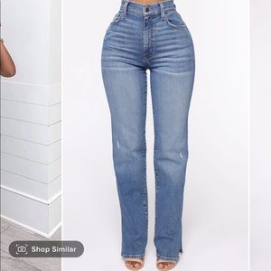 Fashion nova split bottom jeans.